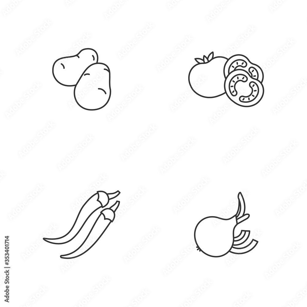 Healthy eating pixel perfect linear icons set. Raw potatoes for cooking. Fresh tomatoes to prepare sauce. Customizable thin line contour symbols. Isolated vector outline illustrations. Editable stroke