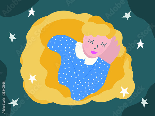 The girl is sleeping sweetly, wrapped in long yellow hair.The illustration symbolizes peace, hormone, a relaxing night's rest.For postcards, printing on objects and illustrations. Vector graphics. 