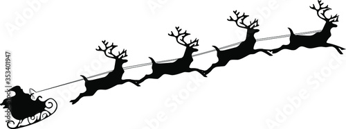 Santa Claus riding his sleigh with reindeer silhouette. vector silhouette of santa claus with reindeer flying in the sky.