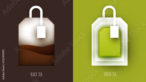 Bag of green and black tea. Abstract art composition in modern geometric papercut style. Minialistic concept design template for branding. Vector flat illustration.