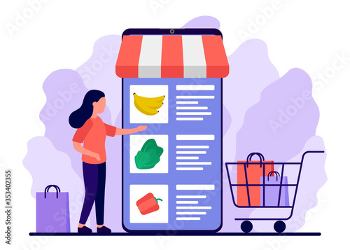 Retail food, shop to online. Smartphone app for shopping goods. Woman makes purchases via phone online, choosing product. Shopping cart for buyer with food. E-commerce on smartphone. Vector flat