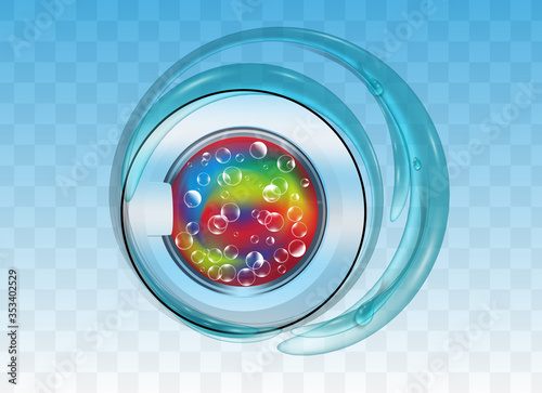 Laundry detergent advertising. Washing machine drum with soap bubbles and colored fabrics, water splash. 3d realistic vector on transparent background.