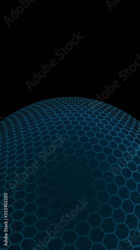Multilayer sphere of honeycombs, gray turquoise on a dark background, social network, computer network, technology, global network. 3D illustration