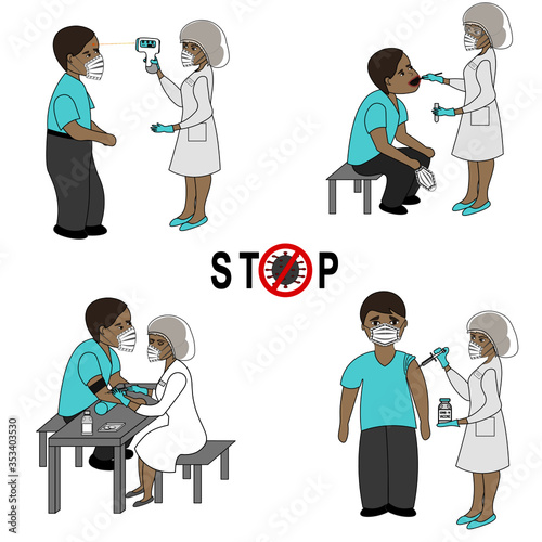 Preparation for vaccination against coronavirus. The nurse measures the patient's temperature, takes tests and makes a vaccination.