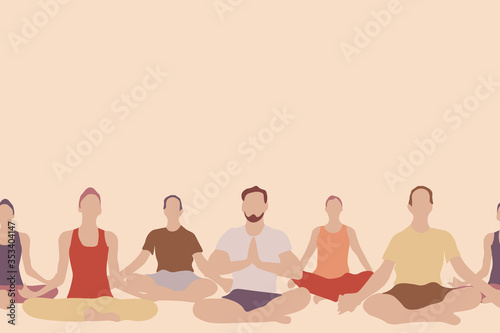 Yoga people sitting in lotus position side by side horizontally seamless pattern. Repetitive vector illustration. 