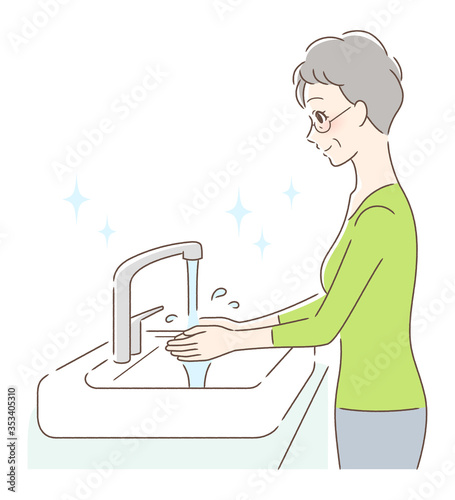 水道水で手を洗う女性