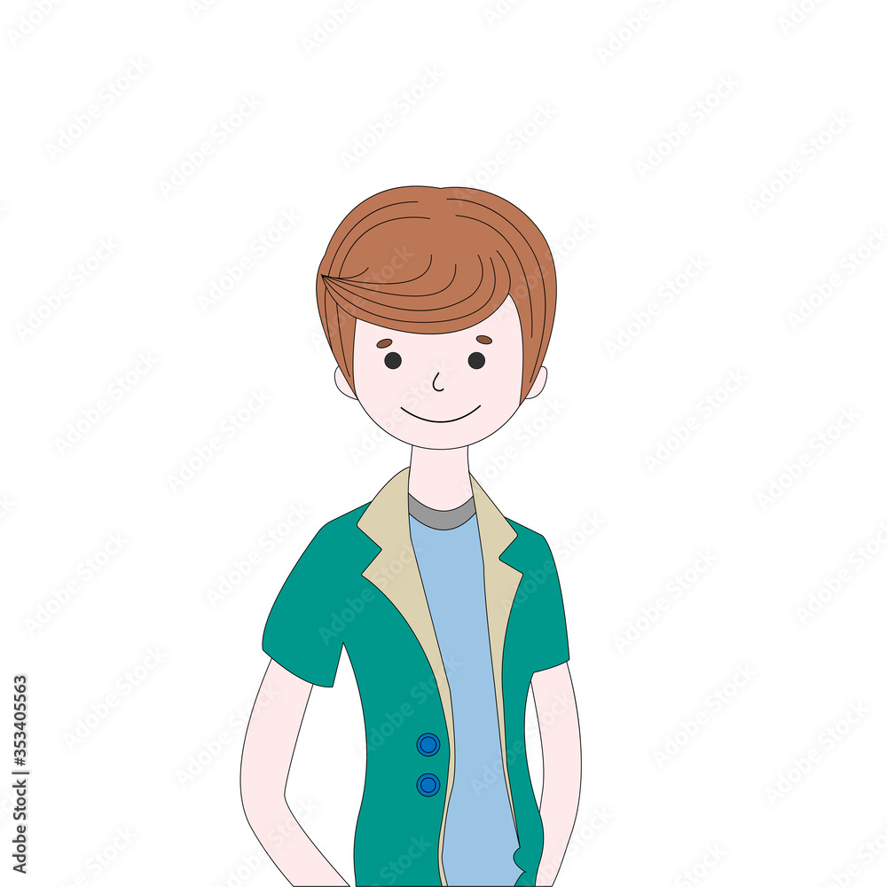 Isolated character boy with brown hair dressed in a blue t-shirt and a green jacket on a white background vector Isolated character boy with brown hair dressed in a blue t-shirt and a green jacket on a white background vector