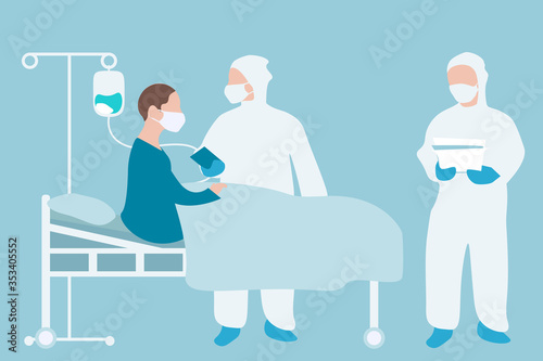Coronavirus patient in hospital with workers in protective clothing. Vector illustration. Concept of novel coronavirus (2019-nCoV), coronavirus quarantine, patient treatment.