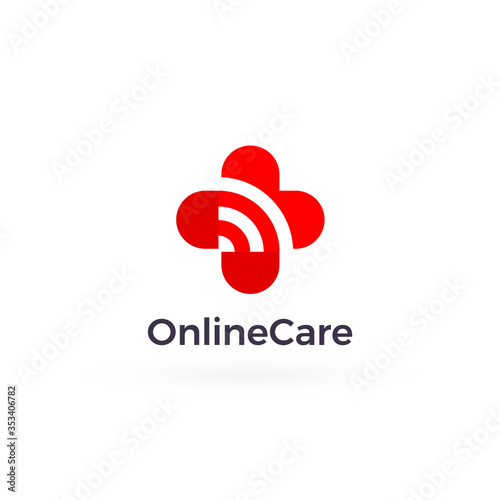 Online Care logo Concept, red heart care sign, cross medical and pharmacy symbol, signal wifi connection and web communication emblem. Vector logotype.