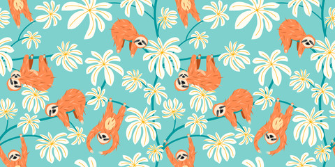 Fotobehang Luiaards patronen Luiaard op bloementak schattig patroon  © LilaloveDesign