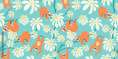 Cute sloth on floral tree pattern design. Seamless background funny lazy animal