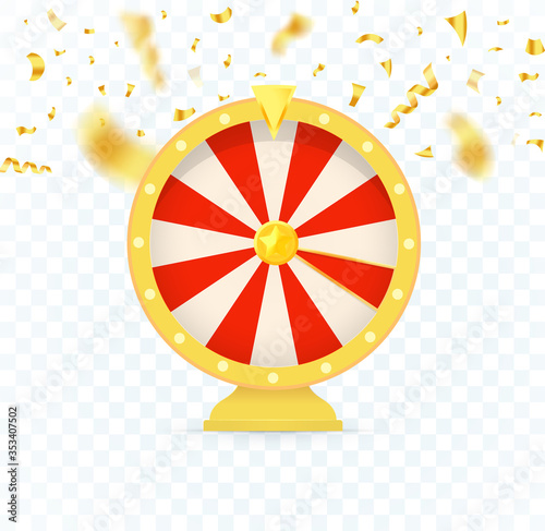 Golden fortune wheel icon, random choice wheel with falling candy, vector isolated illustration on transparent background.