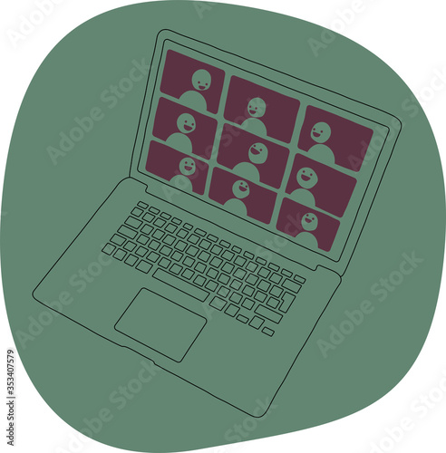 A laptop computer with a conference call app open. There are nine happy friends or coworkers chatting online during the pandemic quarantine. Flat cartoon style vector illustration