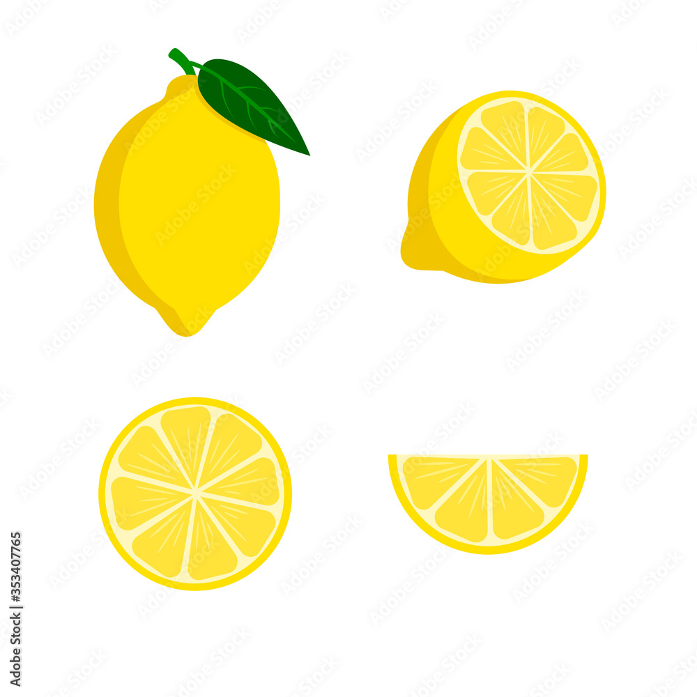 Set of lemons- a whole lemon, half, a piece and a slice of lemon. Fruit isolated on a white background. Stock vector illustration.