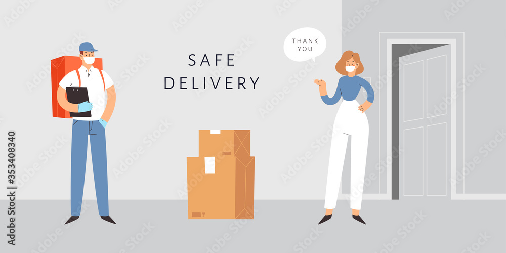 Safe Delivery Concept. Courier in medical mask and gloves delivers the package, parcel or food during quarantine. Contact free 24/7 delivery service with social distance during  Coronavirus.
