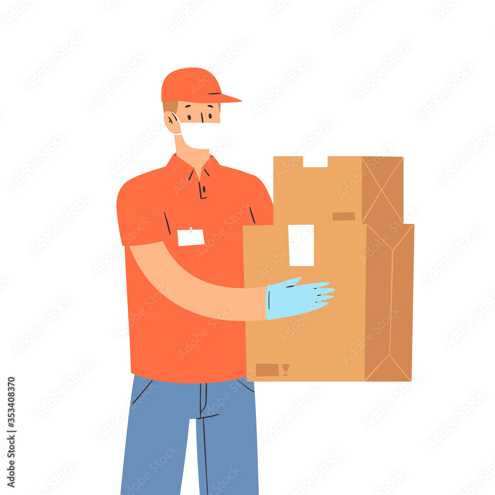 Safe Delivery Concept. Courier hold boxes in medical mask and gloves, delivers the package, parcel or food during quarantine. Contact free 24/7 delivery service during  Coronavirus