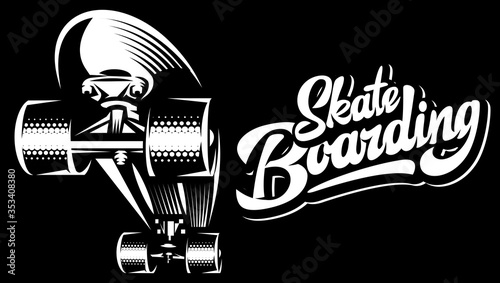 White skateboard on black background and stylish calligraphic inscription - skateboarding