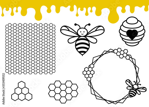 Bee hive and honeycomb pattern. Honey drips border.
