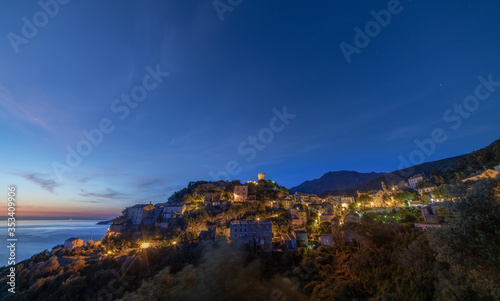 Nonza, Corsican village on a mountain overlooking the Mediterranean Sea in the north of the island. 
