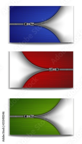 Collection of 3d realistic vector with open metal zipper in silver background banners in red  blue and green background. Isolated on white background.