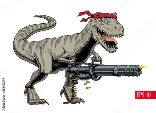 Tyrannosaurus soldier with heavy machine gun. Vector illustration. photo