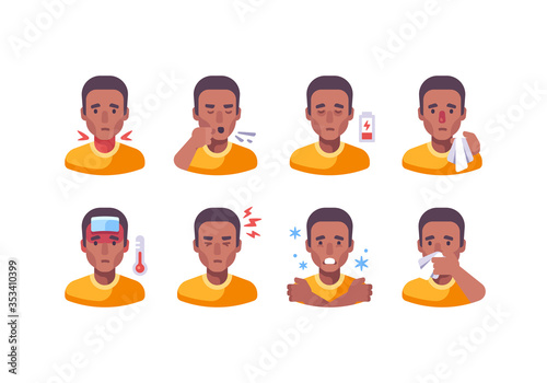 African American man with different flu symptoms. Medical character collection. Coronavirus symptoms icon set © Ivan Dubovik