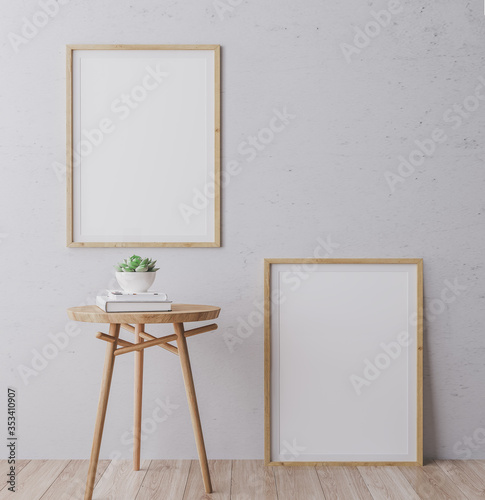 Mockup of Scandinavian interior poster with vertical wooden frames on gray wall background. with modern design table in A4, A3 size format. 3D rendering, illustration