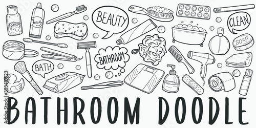 Bathroom Doodle Line Art Illustration. Hand Drawn Vector Clip Art. Banner Set Logos.