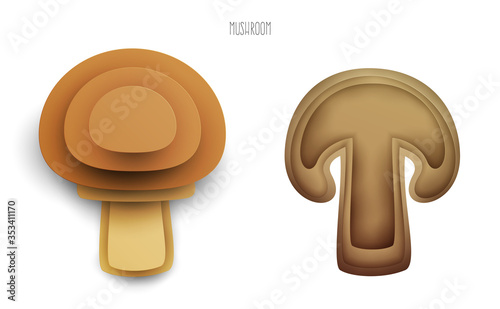 Cartoon whole and half champignon in modern geometric 3d paper cut style isolated on white background. Vivid creative vector art element. Minimalistic concept of abstract design illustration.