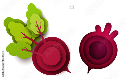 Cartoon whole and half beet in modern geometric 3d paper cut style isolated on white background. Vivid creative vector art element. Minimalistic concept of abstract design illustration.