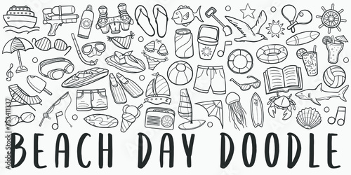 Beach Day Summer Doodle Line Art Illustration. Hand Drawn Vector Clip Art. Banner Set Logos.
