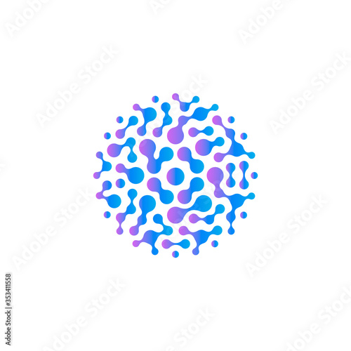 Germs, microbes logo. Microorganisms logotype. Bacterial infection icon. Virus reproduction sign. Molecular connections. Isolated round purple medical research, scientific vector illustration.