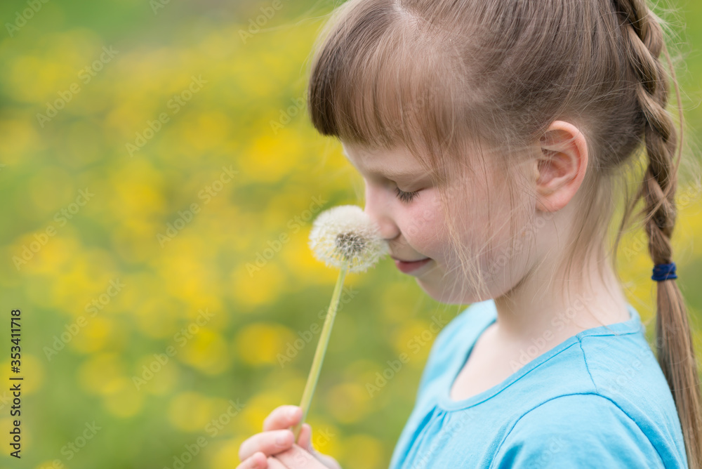 girl portrait with dandelion in the summer meadow girl portrait with dandelion in the summer meadow