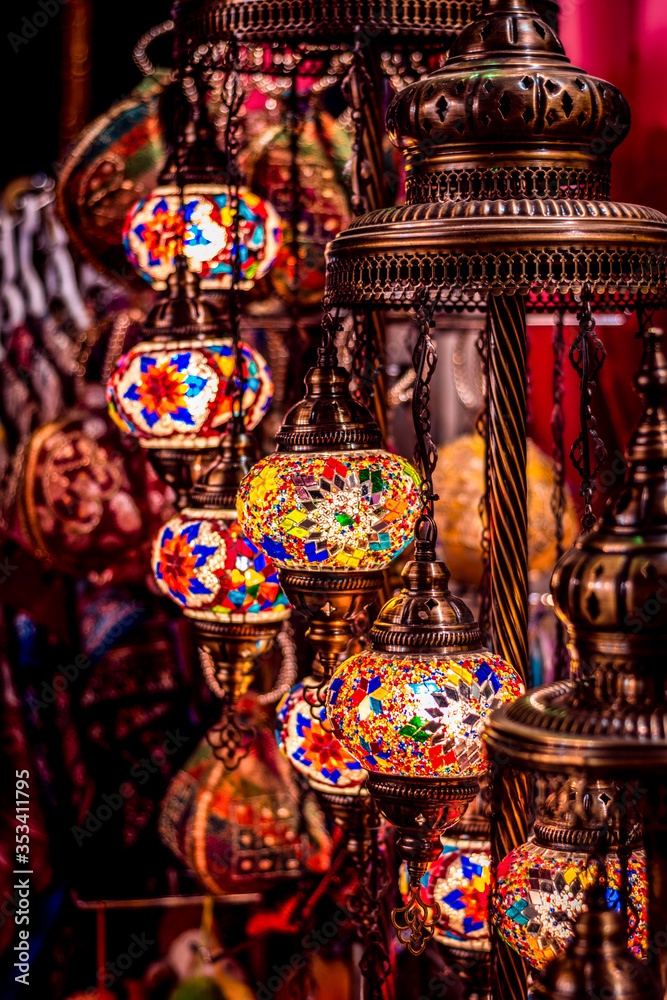 Fototapeta premium Beautiful Traditional Ramadan Light Lamp with blur background - Shot from Dubai Spice Souk, famous turkish light, place to visit in Dubai