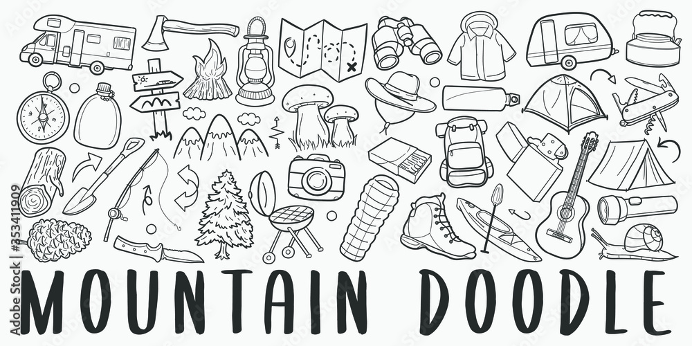 Mountain Adventure Doodle Line Art Illustration. Hand Drawn Vector Clip Art. Banner Set Logos.