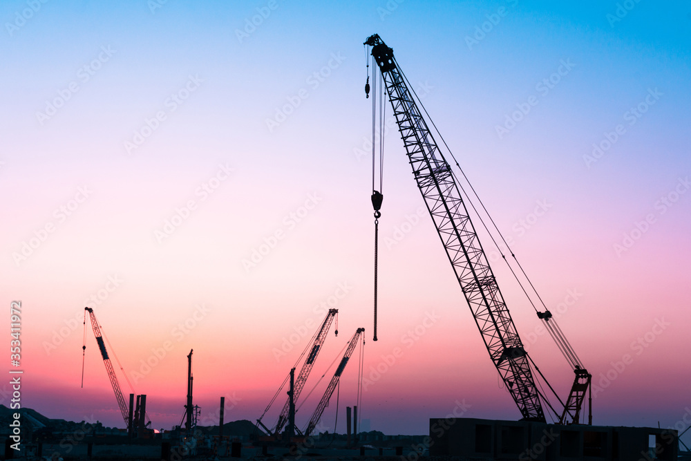 Construction site colorful sunset background