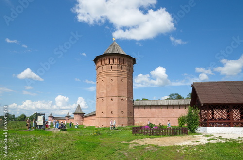 Suzdal, Russia - July 26, 2019: Viewing platform at the walls of the Spaso-evfimiev monastery. Golden ring of Russia