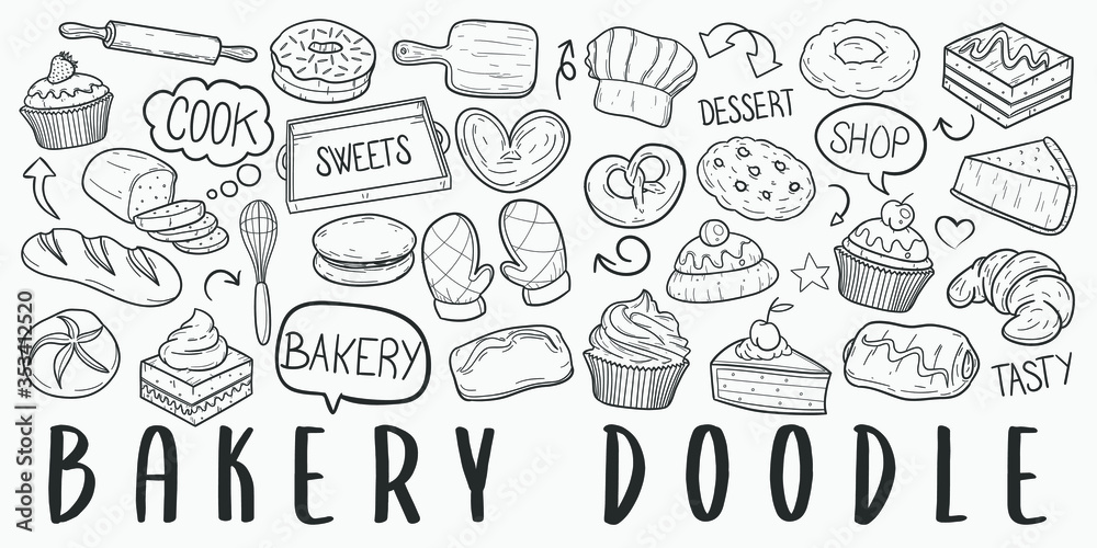 Bakery Pastry Doodle Line Art Illustration. Hand Drawn Vector Clip Art. Banner Set Logos. Bakery Pastry Doodle Line Art Illustration. Hand Drawn Vector Clip Art. Banner Set Logos.