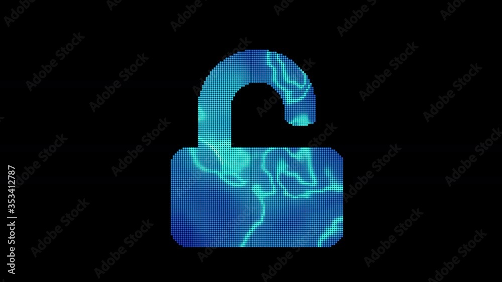 The symbol unlock is assembled from small balls. Then it shimmers with blue. It crumbles and disappears. In - Out loop. Alpha channel The symbol unlock is assembled from small balls. Then it shimmers with blue. It crumbles and disappears. In - Out loop. Alpha channel