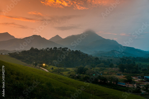Breathtaking Nature Scenery during sunset, Colorful Mountain View from Wayanad Kerala, India Travel and Tourism image photo