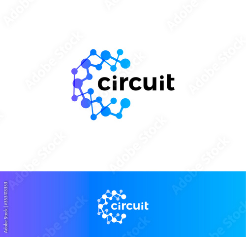 Digital innovation circuit logo. Technological progress logotype. Atomic structure, science laboratory icon. Artificial computational intelligence blue abstract round vector emblem.