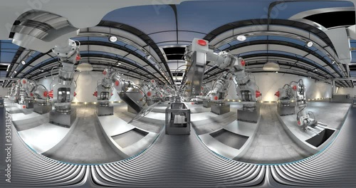 Robotic Arm Assembling 3d Printer On Conveyor Belt. 4K 360 VR animation