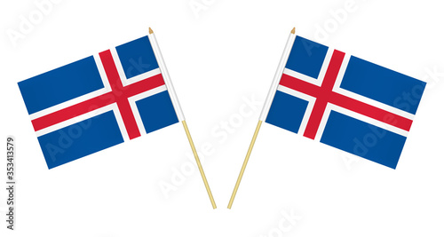 Two small Icelandic flags isolated on white background, vector illustration. Flag of Iceland on pole
