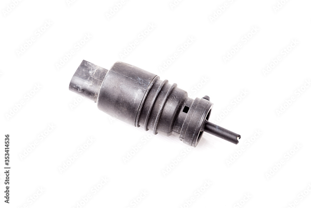 Windshield washer water pump is a tank and nozzles supply water to glass for cleaning. Spare part of car on a white isolated background in photo studio for sale or replacement during repair in service