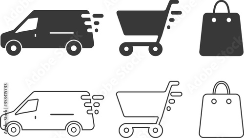 Bag, basket, delivery icon for online shopping vector isolated collection. Delivery icons in line style. Concept of delivery signs. Online shop symbol. Vector