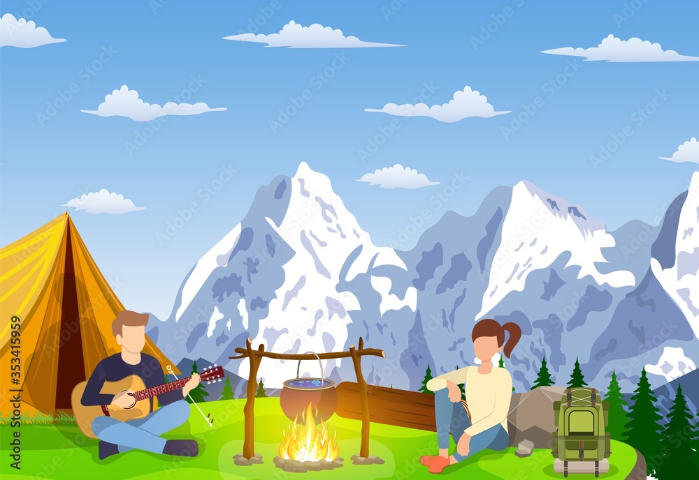 Group of young people are sitting around campfire. Young tourists, campers cartoon characters. Man playing guitar. Vector illustration in flat style