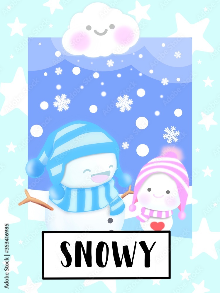 Snowy Weather Flashcards collection for preschool kid learning English vocabulary 
