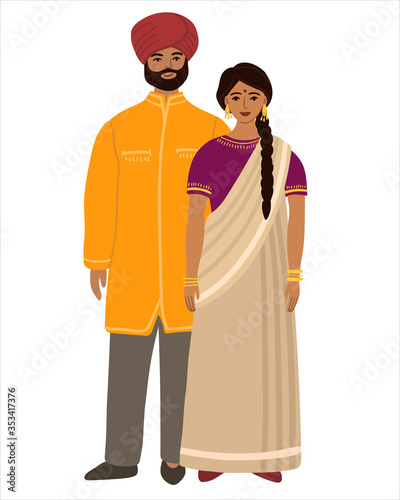 Indians flat husband and wife family. Couple Hindus standing together and cuddling. Indians Man and woman. Flat cartoon characters isolated on white background. Colored vector stock illustration.