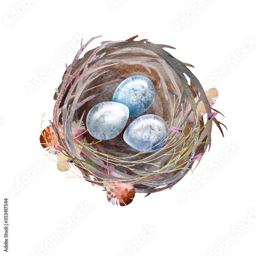 Watercolor isolated nest with blue eggs and feathers. Symbol of Easter and spring