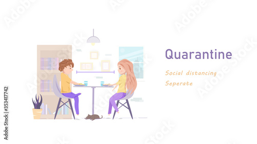 People vector  social distancing  seperate couple quarantine  stay at home  relax time  cartoon character flat design  home interior idea creative